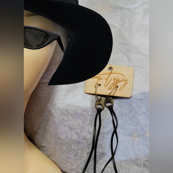 Keep It Gypsy Leather Tassels Dangle Earrings Long Black Rustic Circle Hoops - Picture 9 of 9